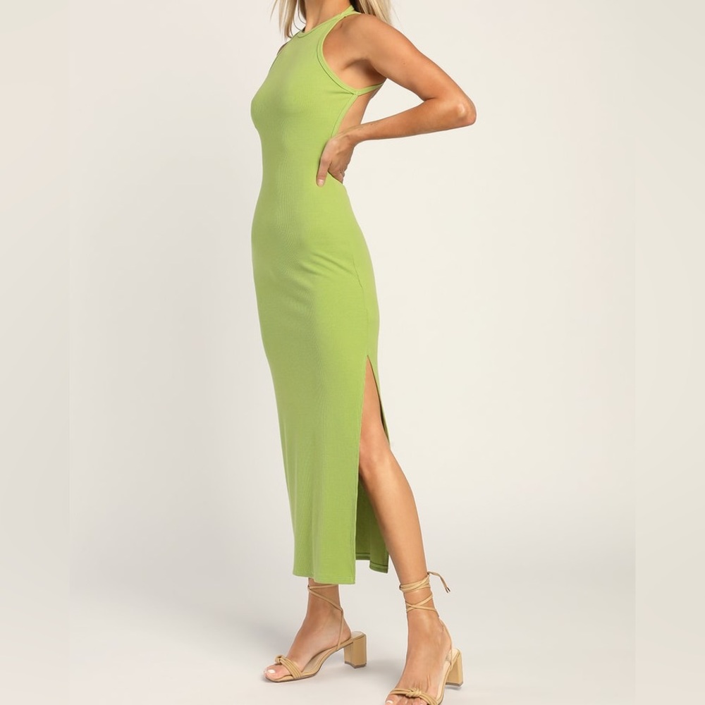 Lime Green Ribbed Backless Halter Midi Dress
